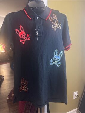 Psycho Bunny Black Polo with Multicolor Bunny Skull Embroidery